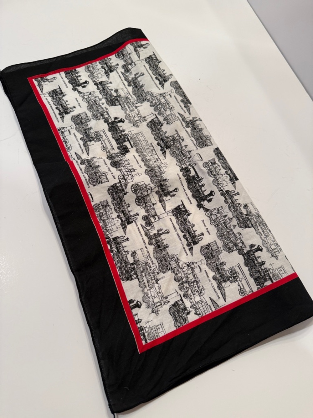Black & Cream Train Print Bandana Scarf with Red Trim